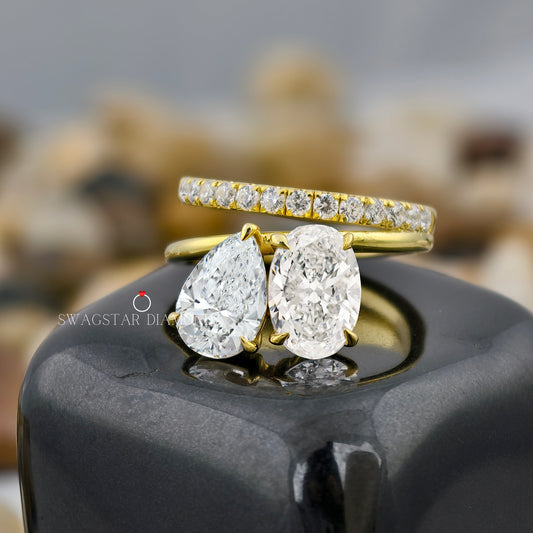 4 CT Toi Et Moi Oval And Pear Cut Lab Grown Diamond Engagement Ring, Double Band Ring, Solid 18K Gold Ring, Propose Ring For Girlfriend