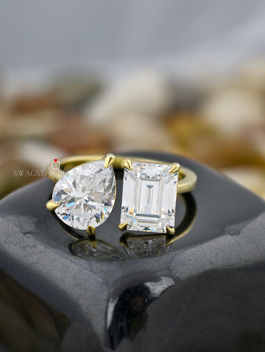 Emerald And Pear Cut Lab Grown Diamond Engagement Ring, 2+2 Carat Toi Et Moi Diamond Ring, Prong Setting Ring, 18K Gold Ring, Propose Ring
