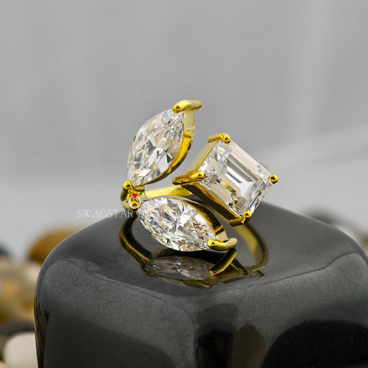 Marquise And Emerald Shape Lab Grown Diamond Engagement Ring, 5 CT Diamond Ring, Three Stone Ring For Women, 18k Yellow Gold Ring For Her