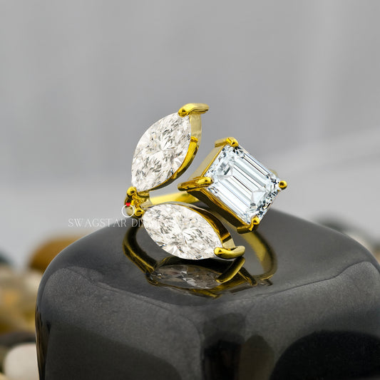 5.00 CT Marquise And Emerald Lab Grown Diamond Engagement Ring, Three Stone Solid 18K Gold Ring, Unique Style Wedding Ring For Bridal