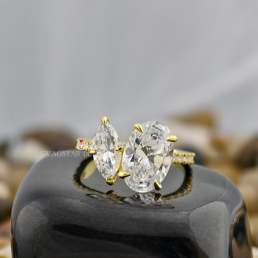 Oval And Marquise Shape Lab Grown Diamond Engagement Ring, 3 CT Diamond Ring, Prong Setting Ring, Toi et Moi Ring For Her, Two Stone Ring