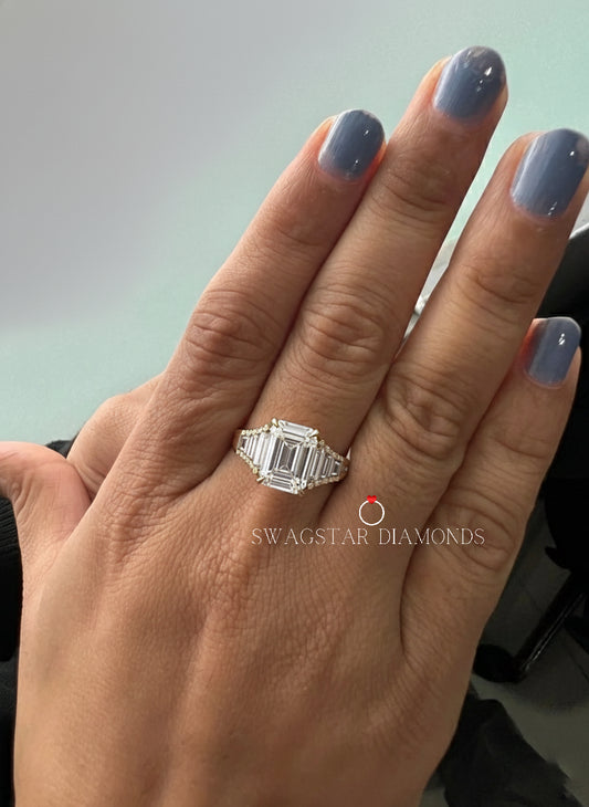 5 Carat Emerald Side Baguette Celebrity Inspire Angelina Jolie Engagement Ring