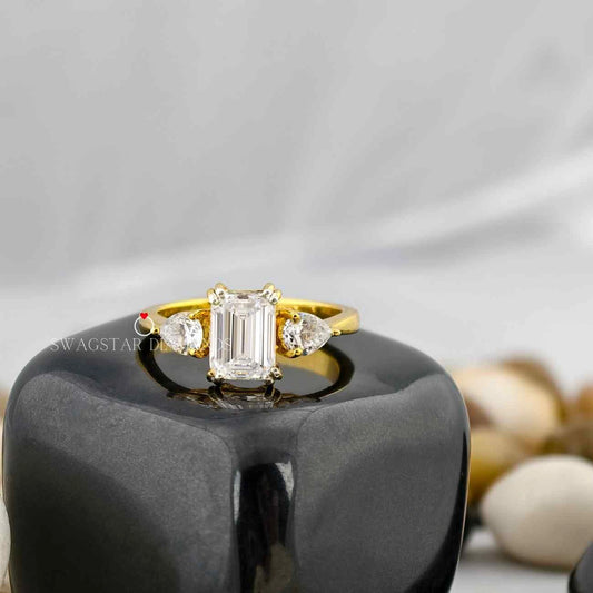 2 Carat Emerald Cut Lab Grown Diamond Side Pear Cut Three Stone Engagement Ring For Her