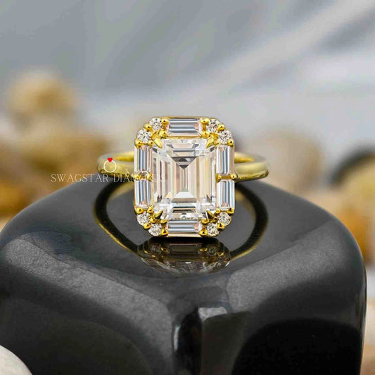 2 Carat Emerald Cut Lab Created Diamond Baguette Halo Engagement Ring For Her