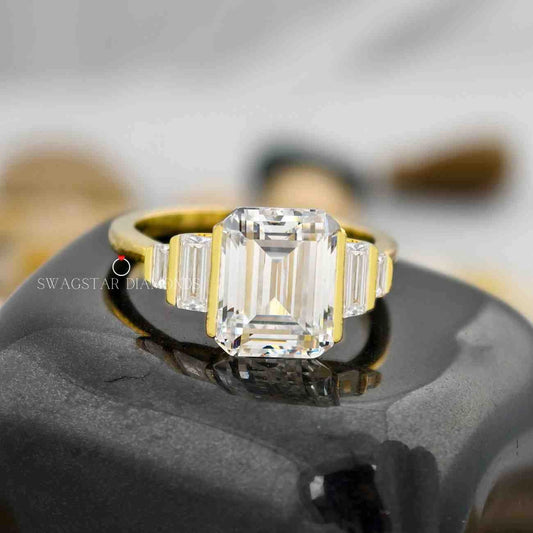 2 Carat Emerald Cut Lab Grown Diamond Half Bezel Five Stone Moissanite Engagement Ring For Her