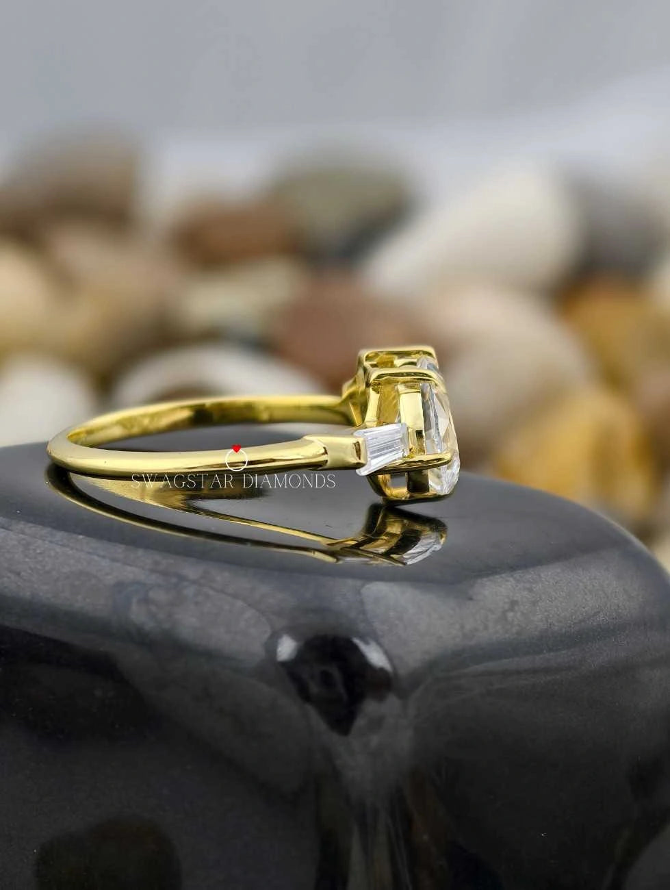 1 Carat Pear Cut Lab Created Three Stone Engagement Ring For Her In 14K Yellow Gold