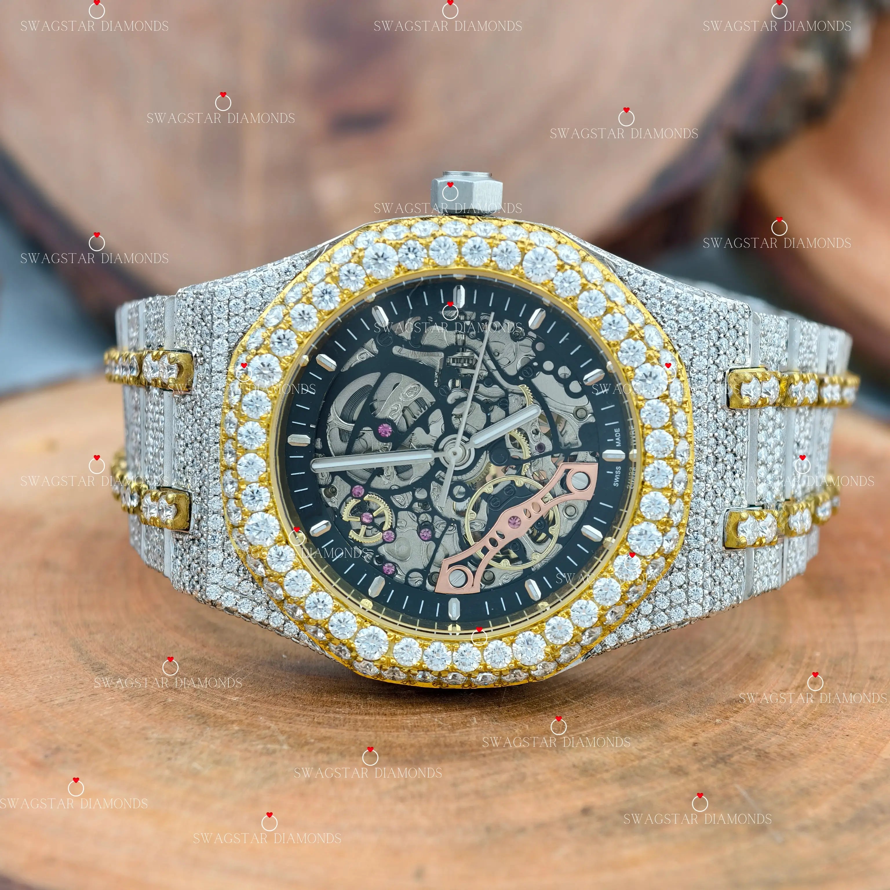 Men Luxury 41MM Skeleton Dial Yellow Plated Two Tone Moissanite Watch