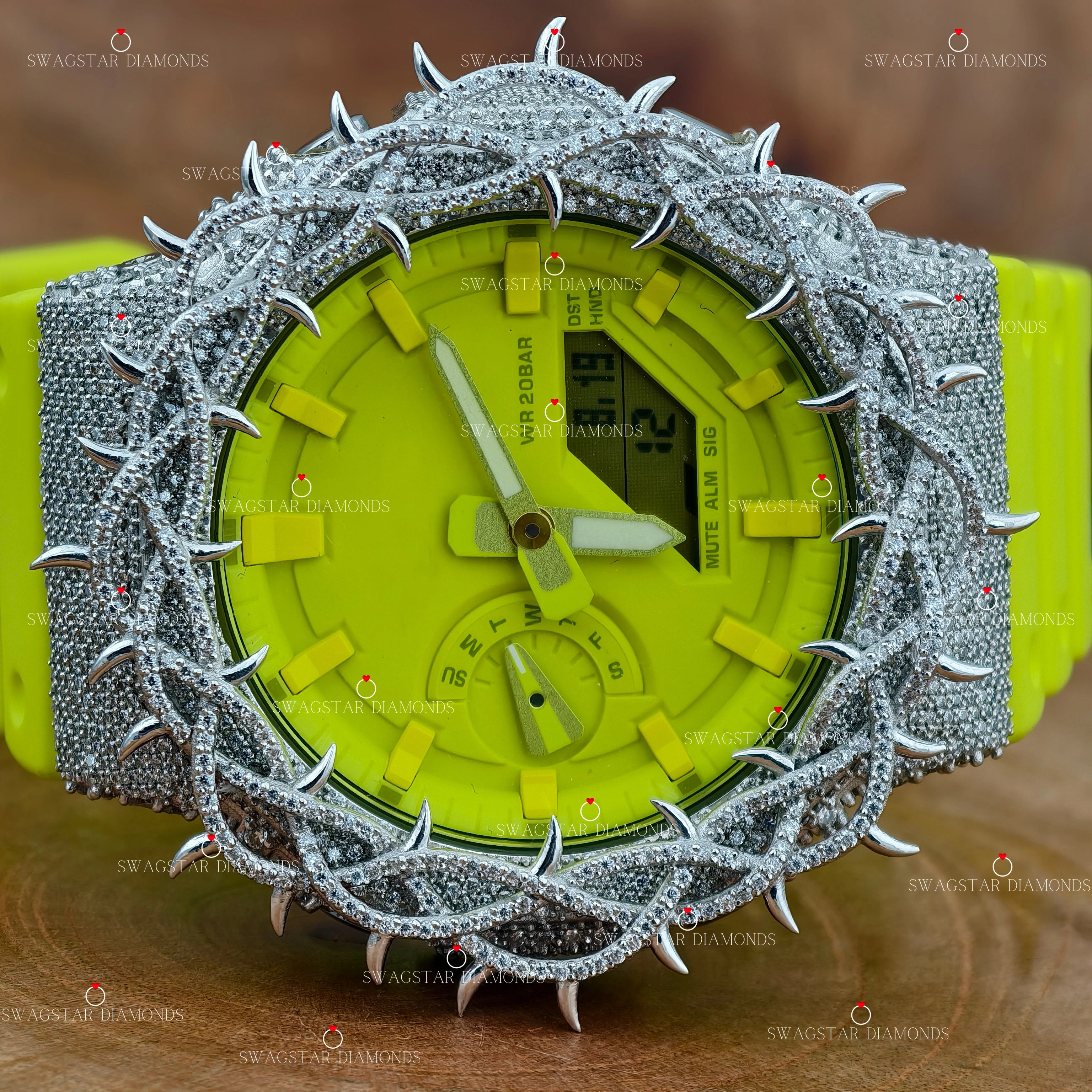 Neon Silicon Rubber Band Thorn Leaf Bezel Dial Moissanite Watch