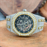 Men Luxury 41MM Skeleton Dial Yellow Plated Two Tone Moissanite Watch