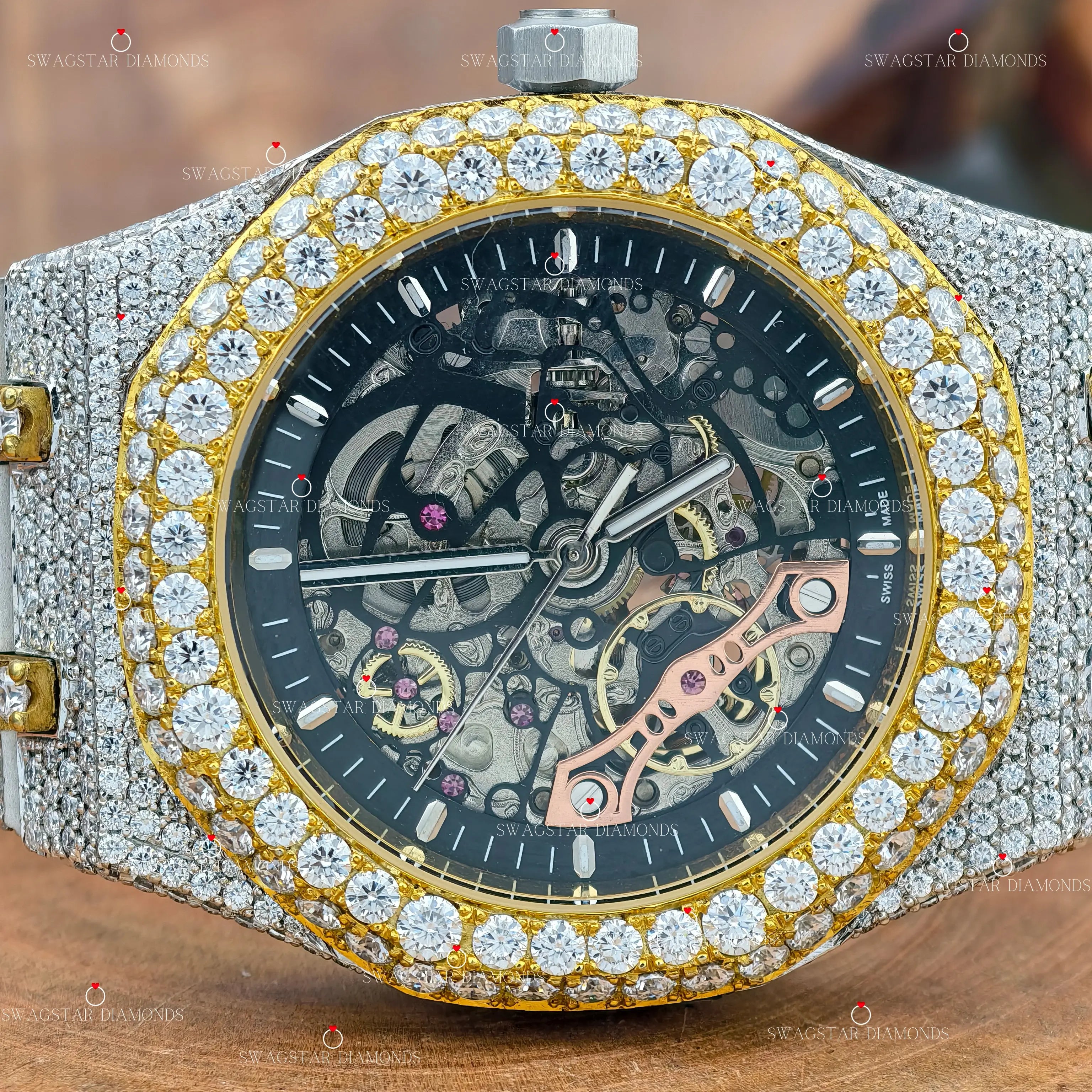 Men Luxury 41MM Skeleton Dial Yellow Plated Two Tone Moissanite Watch