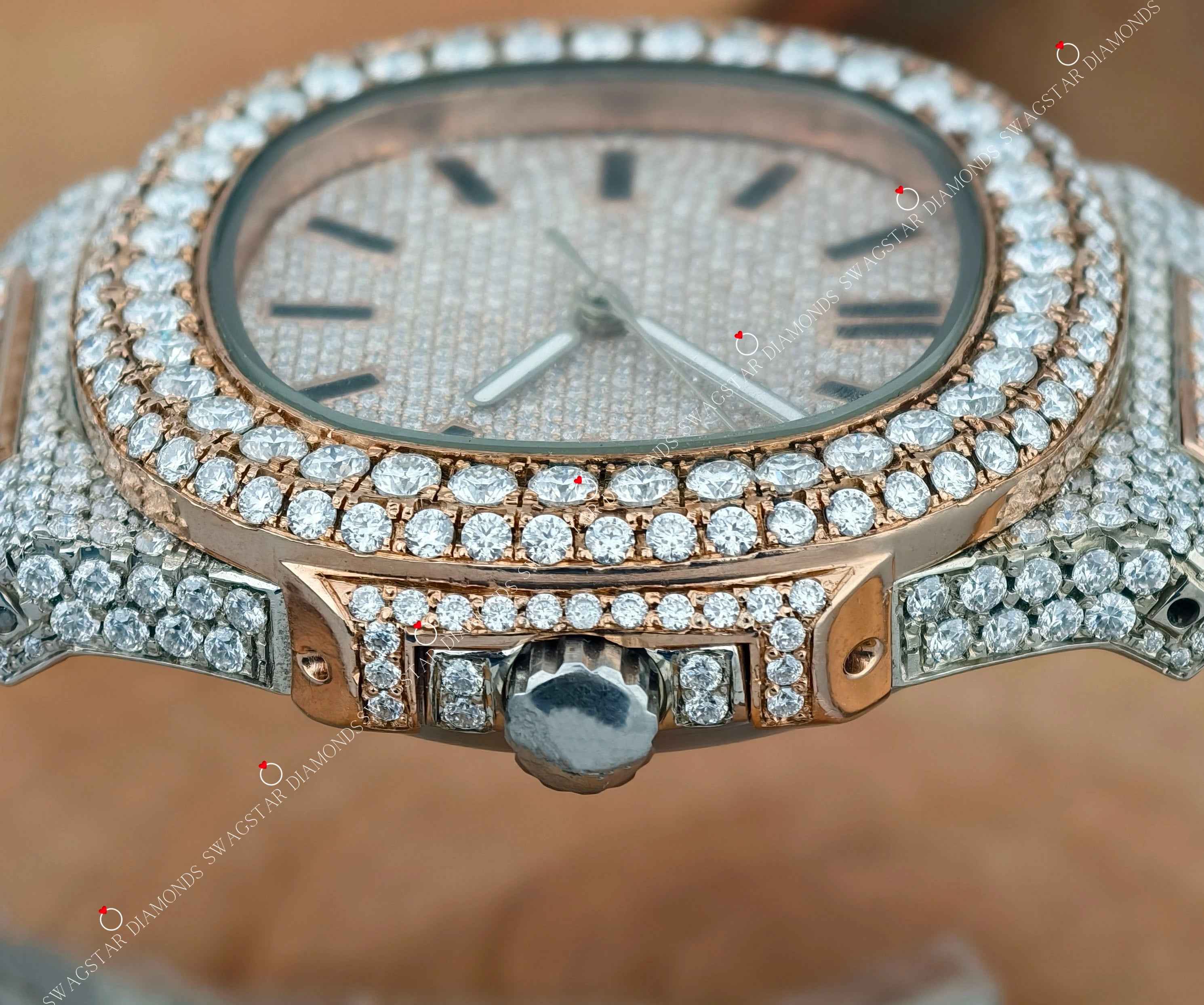 Fully Studed Two Tone Rose Plated Moissanite Watch For Men
