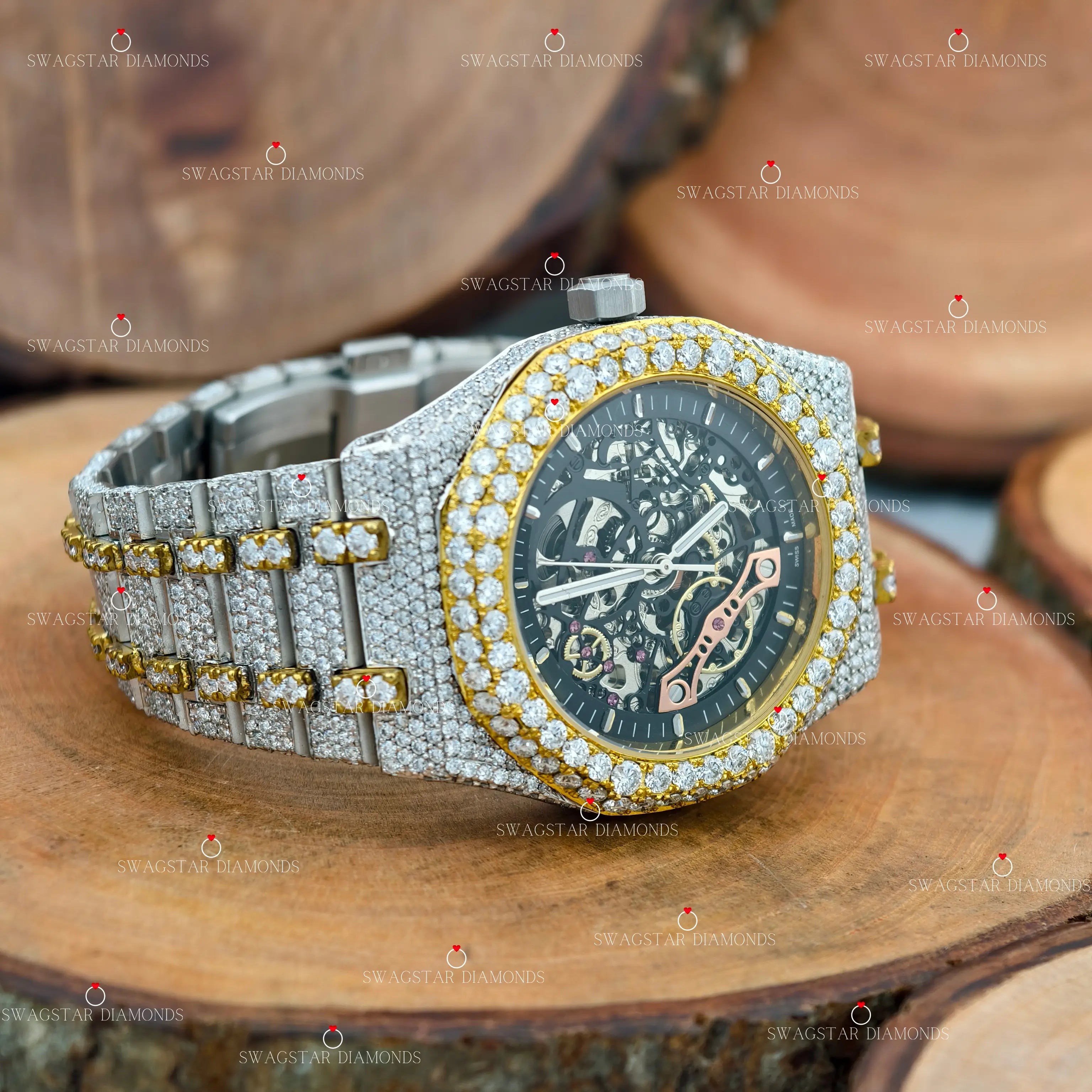 Men Luxury 41MM Skeleton Dial Yellow Plated Two Tone Moissanite Watch
