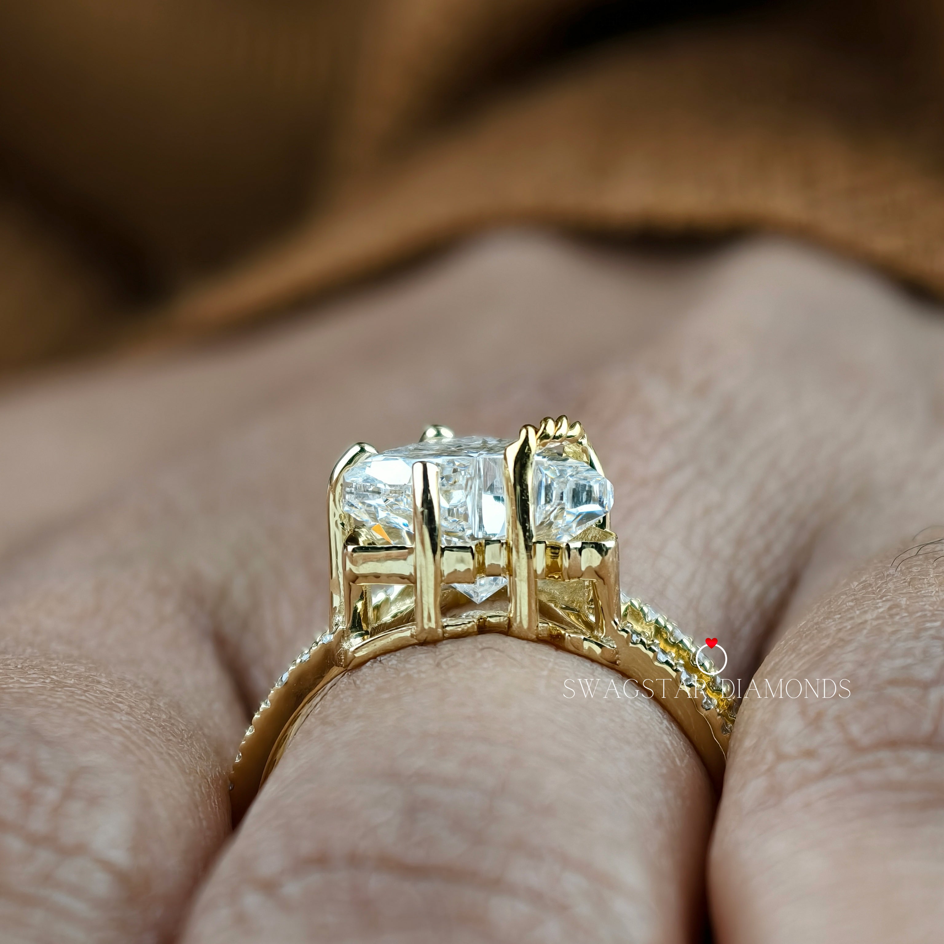 3.00 CT Horse Cut Lab Grown Diamond Engagement Ring, Solitaire Diamond Prong Set Ring, Split Shank, Solid 18K Gold Ring, Unique Style Ring