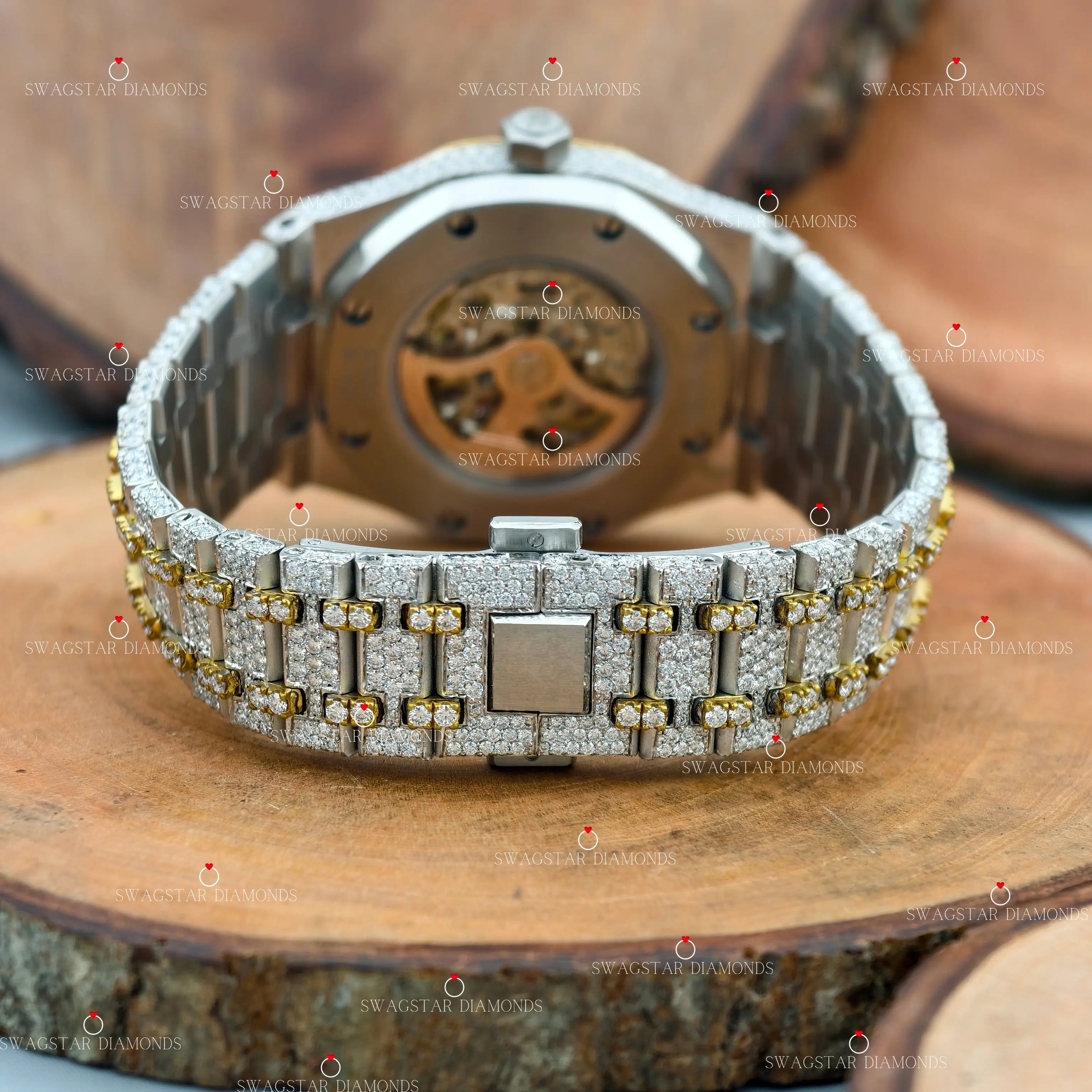 Men Luxury 41MM Skeleton Dial Yellow Plated Two Tone Moissanite Watch