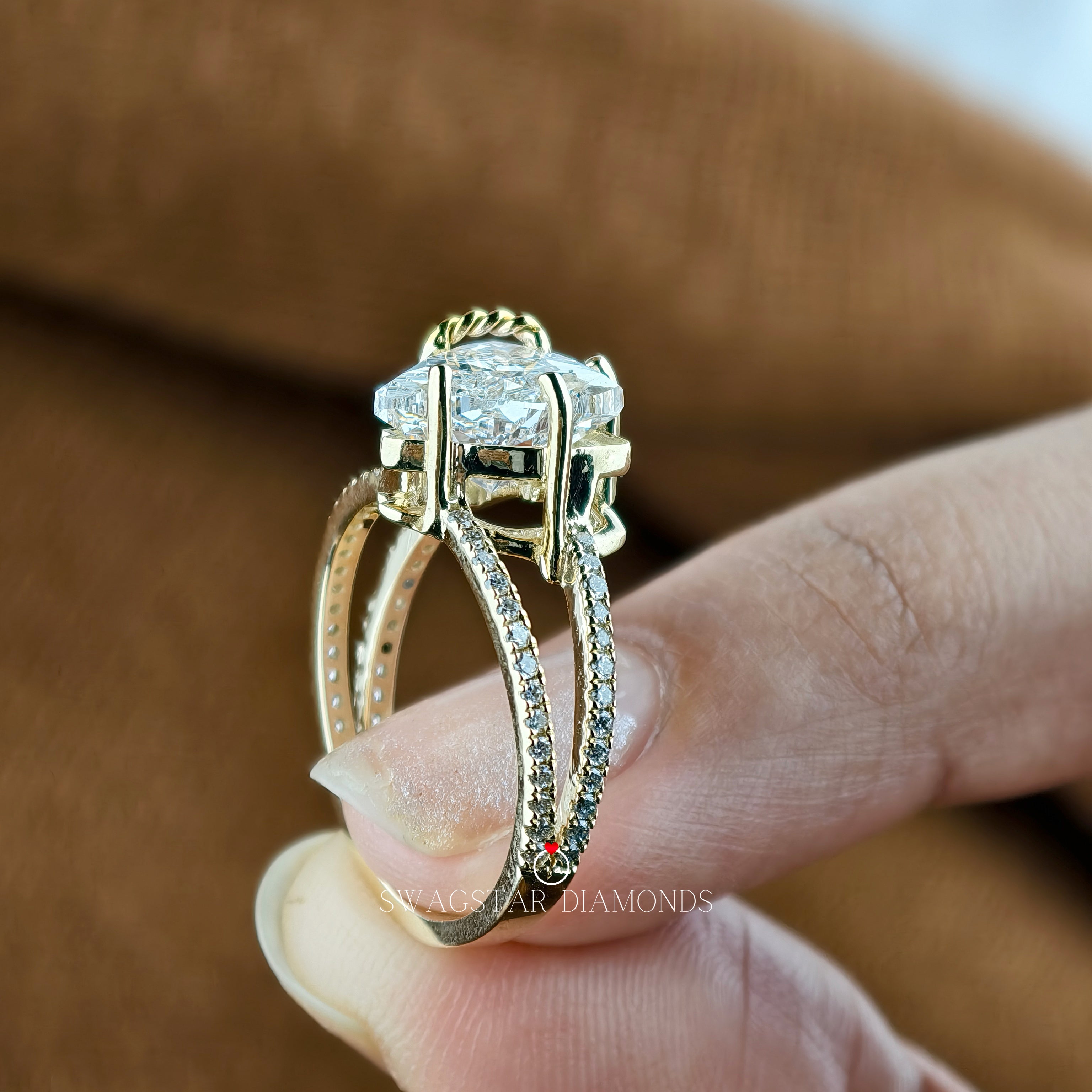 3.00 CT Horse Cut Lab Grown Diamond Engagement Ring, Solitaire Diamond Prong Set Ring, Split Shank, Solid 18K Gold Ring, Unique Style Ring