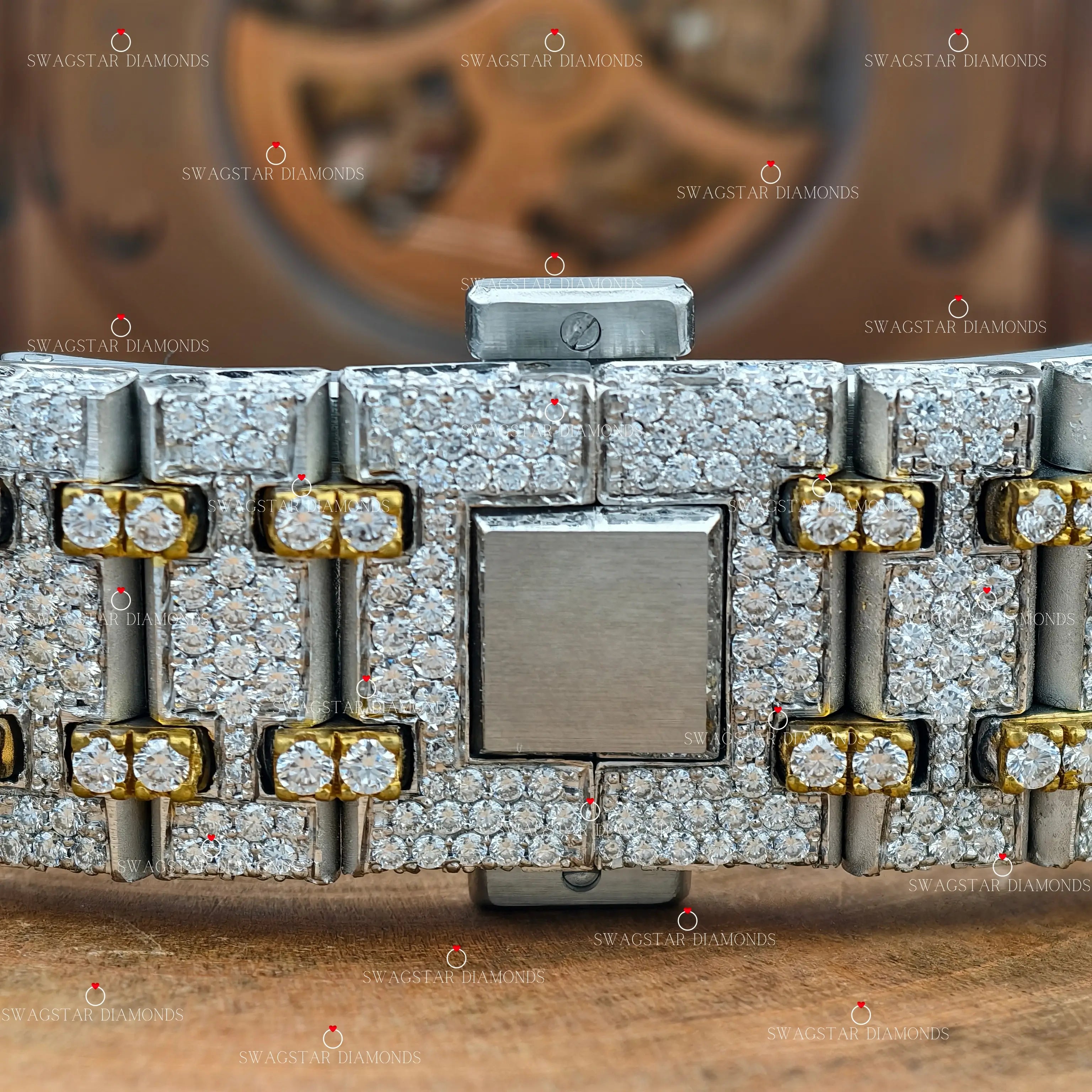 Men Luxury 41MM Skeleton Dial Yellow Plated Two Tone Moissanite Watch