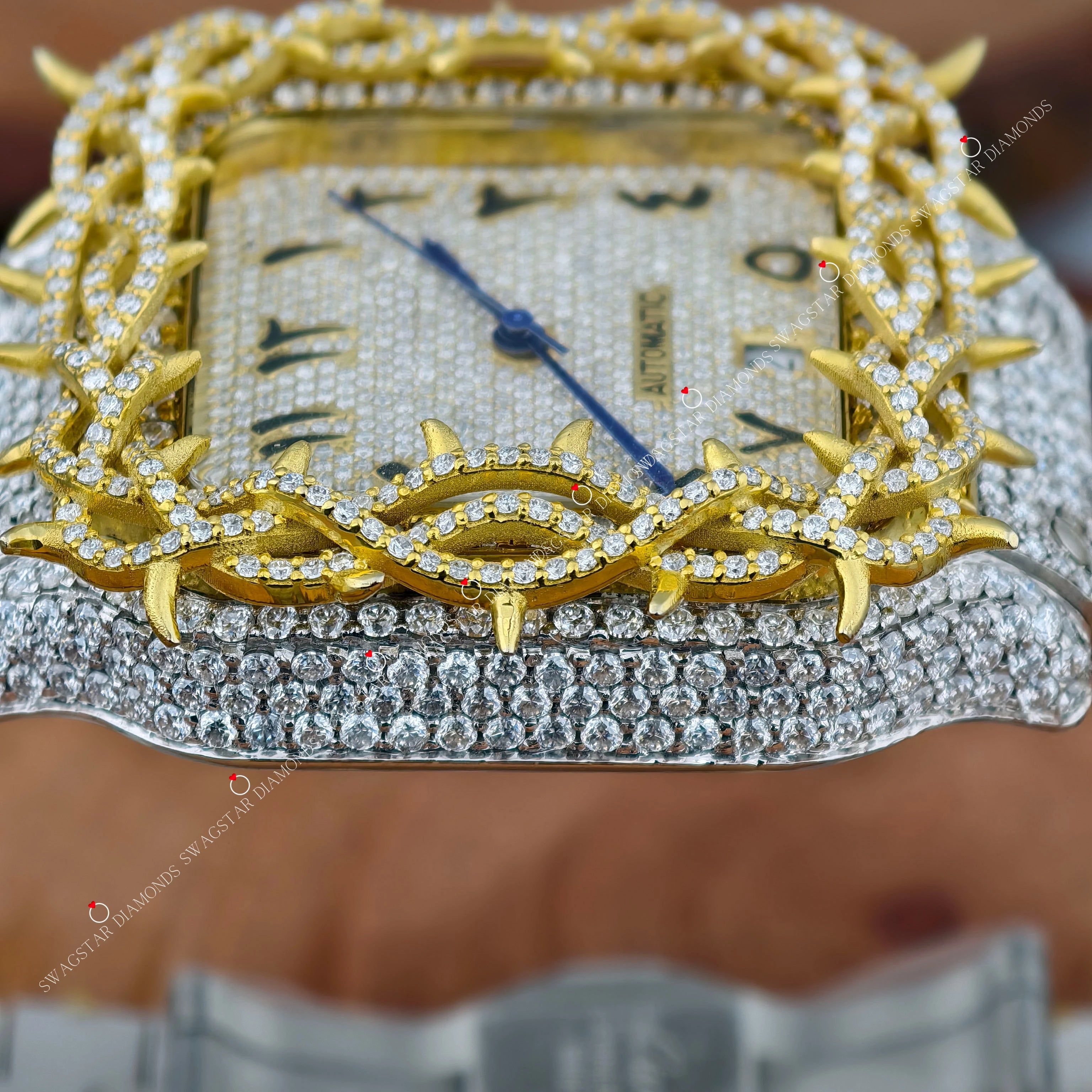 Throne Leaf Vine Arabic Dial Moissanite Watch Yellow Two Tone Watch For Men