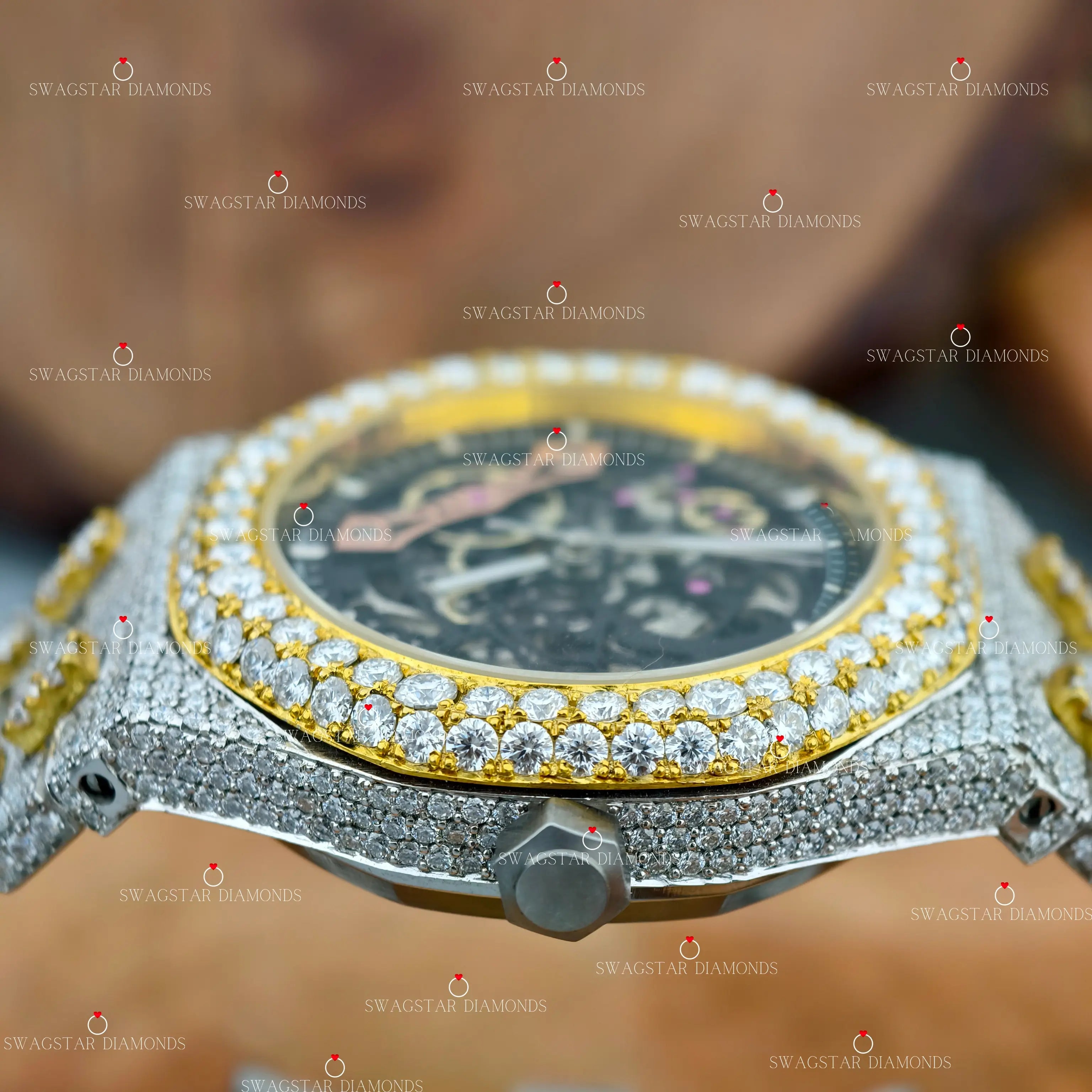 Men Luxury 41MM Skeleton Dial Yellow Plated Two Tone Moissanite Watch