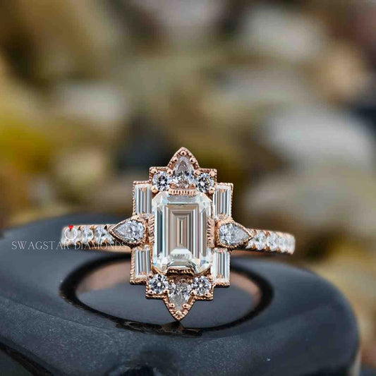 2.36 Carat Emerald Cut Lab Created Diamond Vintage Style Engagement Ring For Her