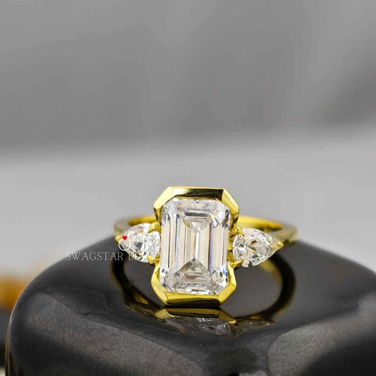 2 Carat Emerald Cut CVD Diamond Half Bezel Three Stone Engagement Ring For Her