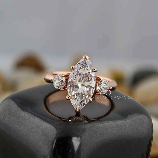 2 Carat Marquise Cut Lab Grown Diamond Side Round Cut Three Stone Women Engagement Ring