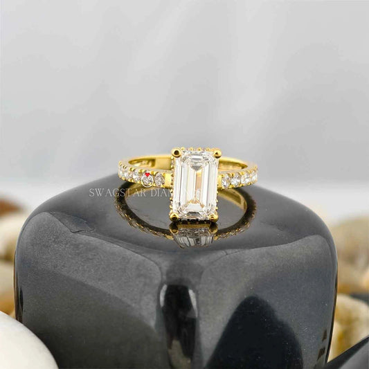3 Carat Emerald Cut Lab Grown Diamond Pave Engagement Ring For Her In 14K Yellow Gold