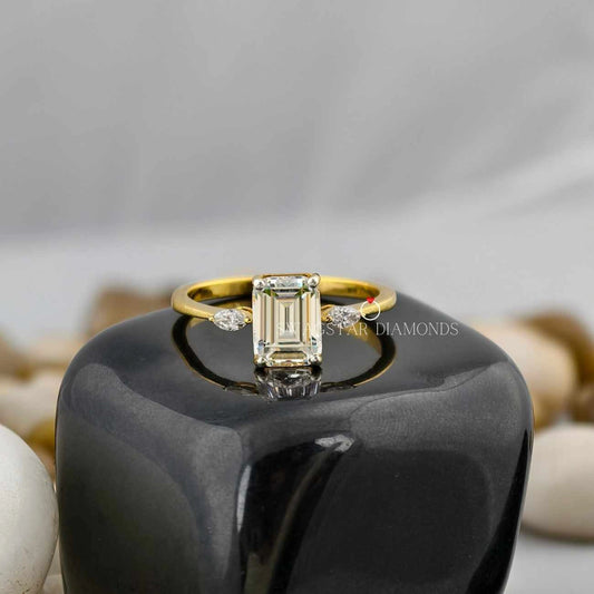 2 Carat Emerald Cut Lab Grown Diamond Three Stone Engagement Wedding Ring For Her