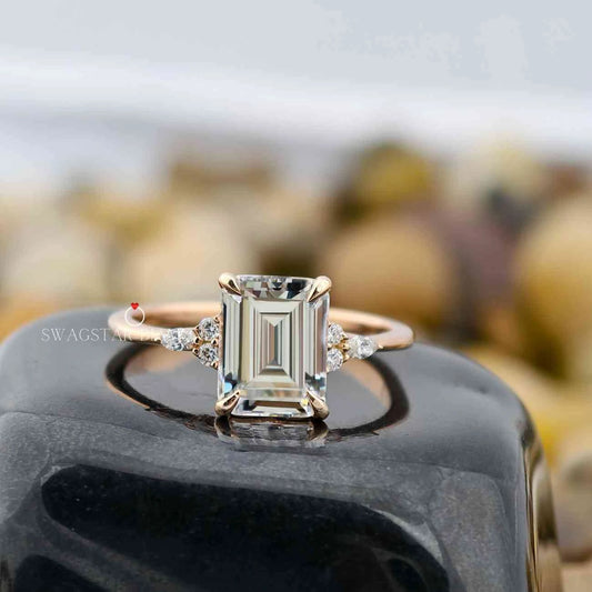 2 Carat Emerald Cut Lab Grown Diamond Cluster Emerald Cut Engagement Ring For Her
