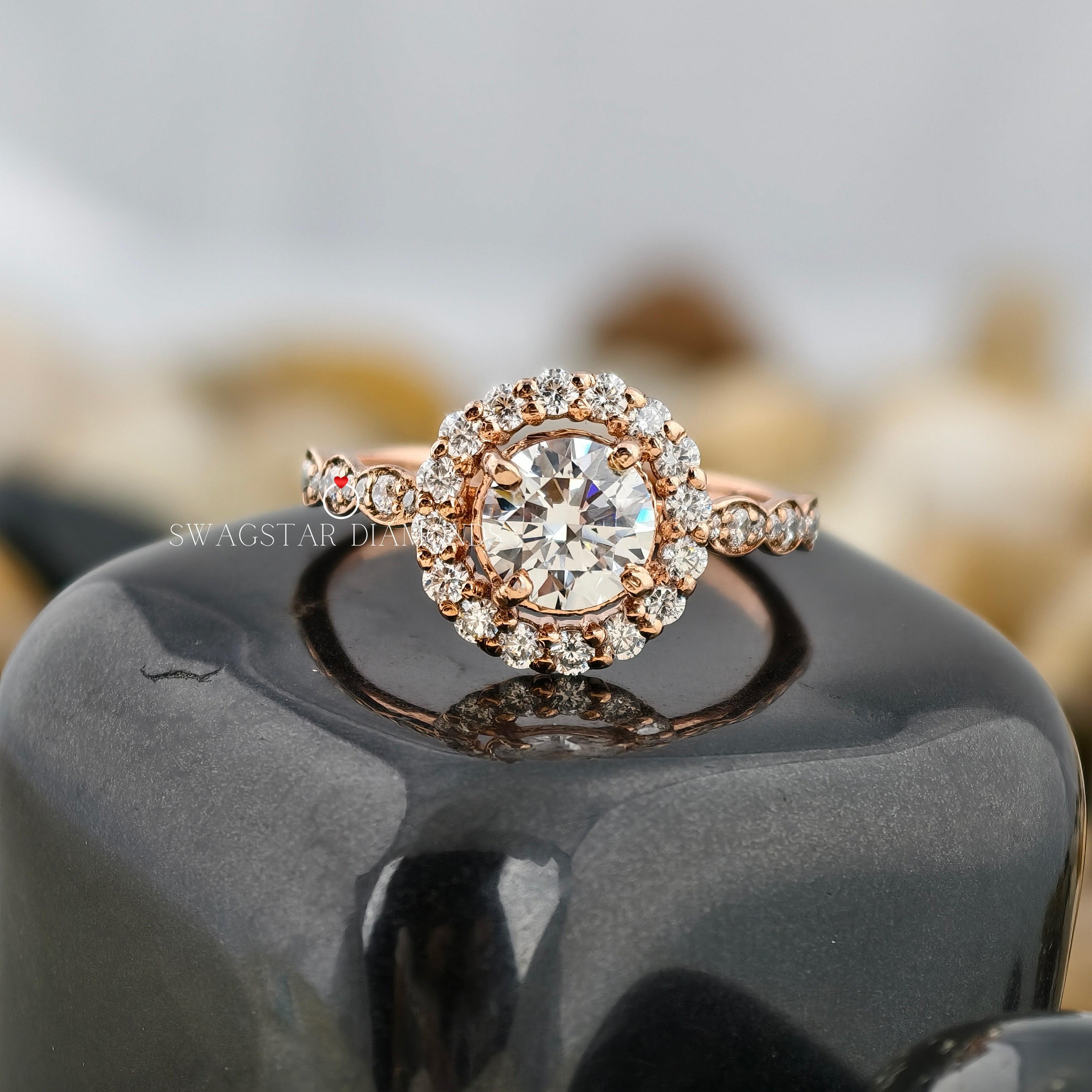2 CT Round Cut Engagement Ring Lab Grown Diamond, Halo Setting Diamond, 14K Rose Gold Vintage Style Diamond Setting Anniversary Gift For Her