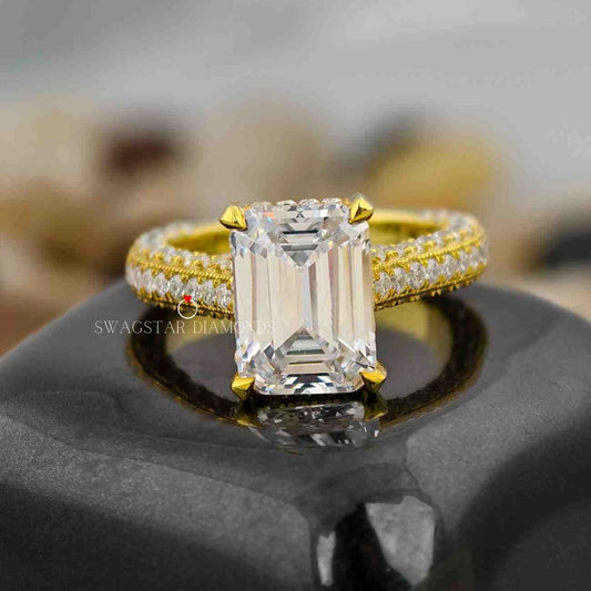 2 Carat Emerald Cut CVD Diamonds Three Side Stone Shank Women Engagement Ring In 14K White Gold
