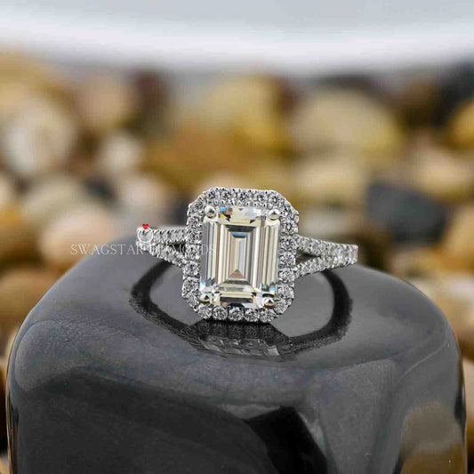2 Carat Emerald Cut lab Grown Diamond Halo Split Shank Engagement Ring For Her In 14K White Gold
