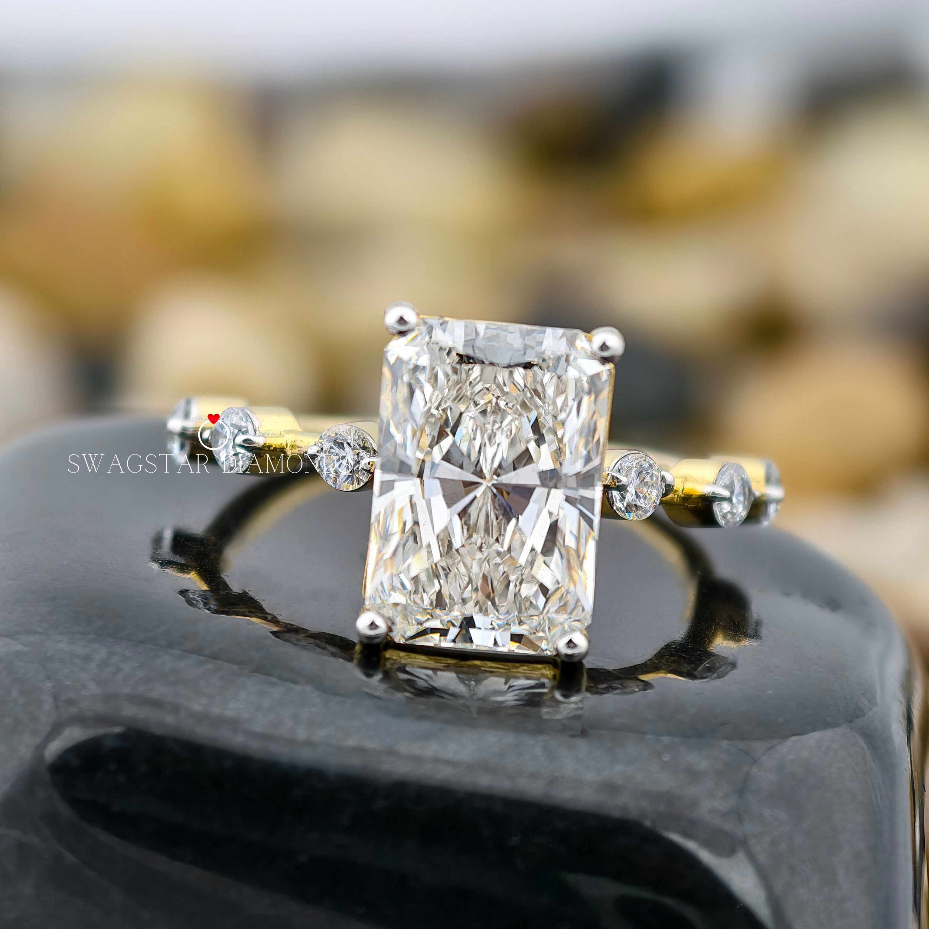 3.00 CT Radiant Cut Lab Grown Diamond Engagement Ring, Solitaire Diamond 18k Gold Ring For Her, Round Accent Diamond, Wedding Gift Ring