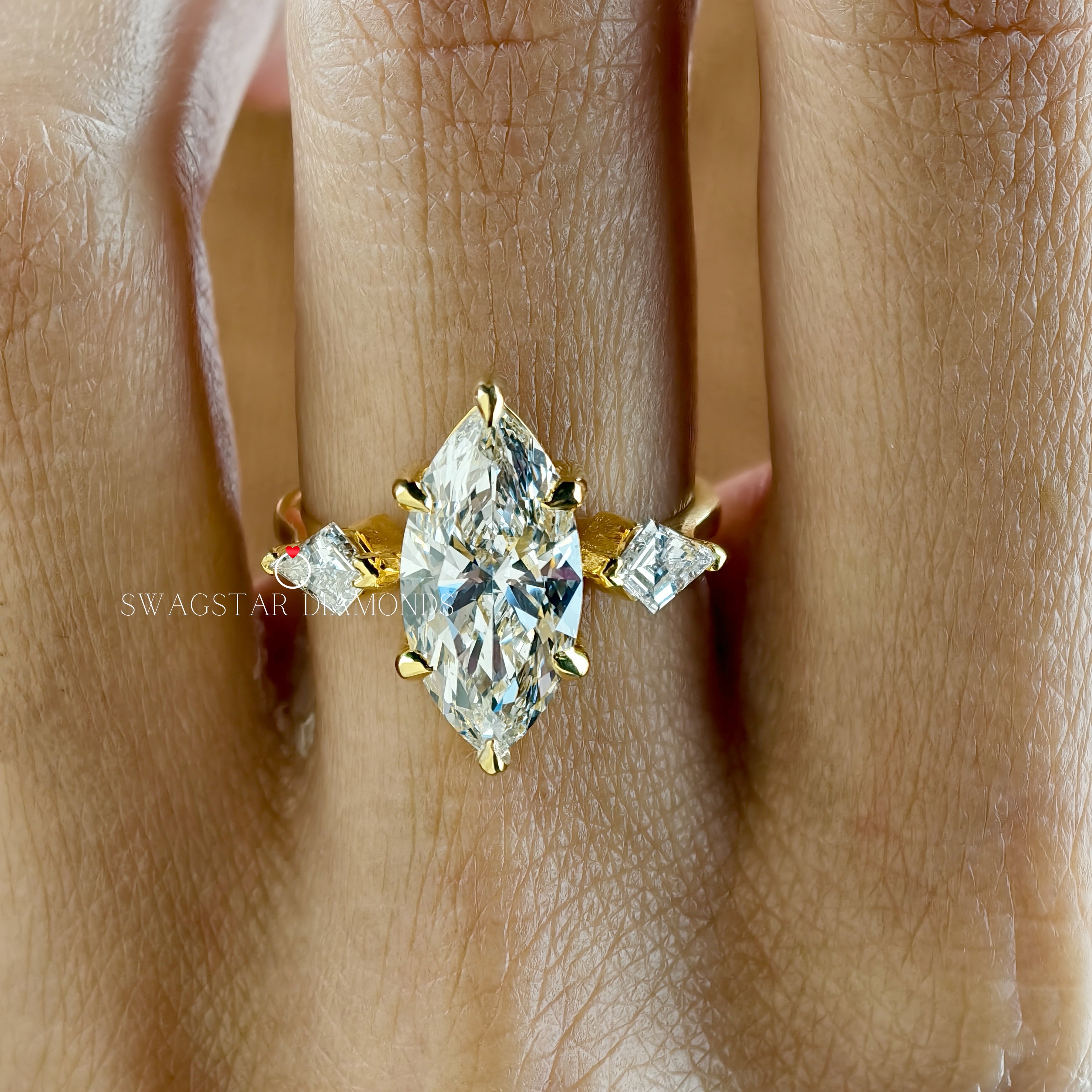 Marquise Lab Grown Diamond Engagement Ring, 2 Ct Diamond Ring, Three Stone Ring, Kite Shape Diamond Accent, 18K Gold Ring For Her