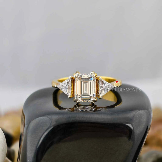 2 Carat Emerald Cut Lab Created Diamond Side Tringle Cut Three Stone Engagement Ring For Her
