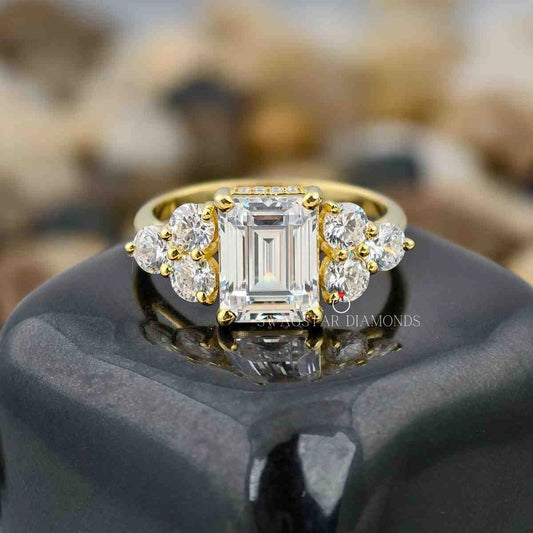 2 Carat Emerald Cut Lab Created Diamond Cluster Women Engagement Ring In 14K Yellow Gold