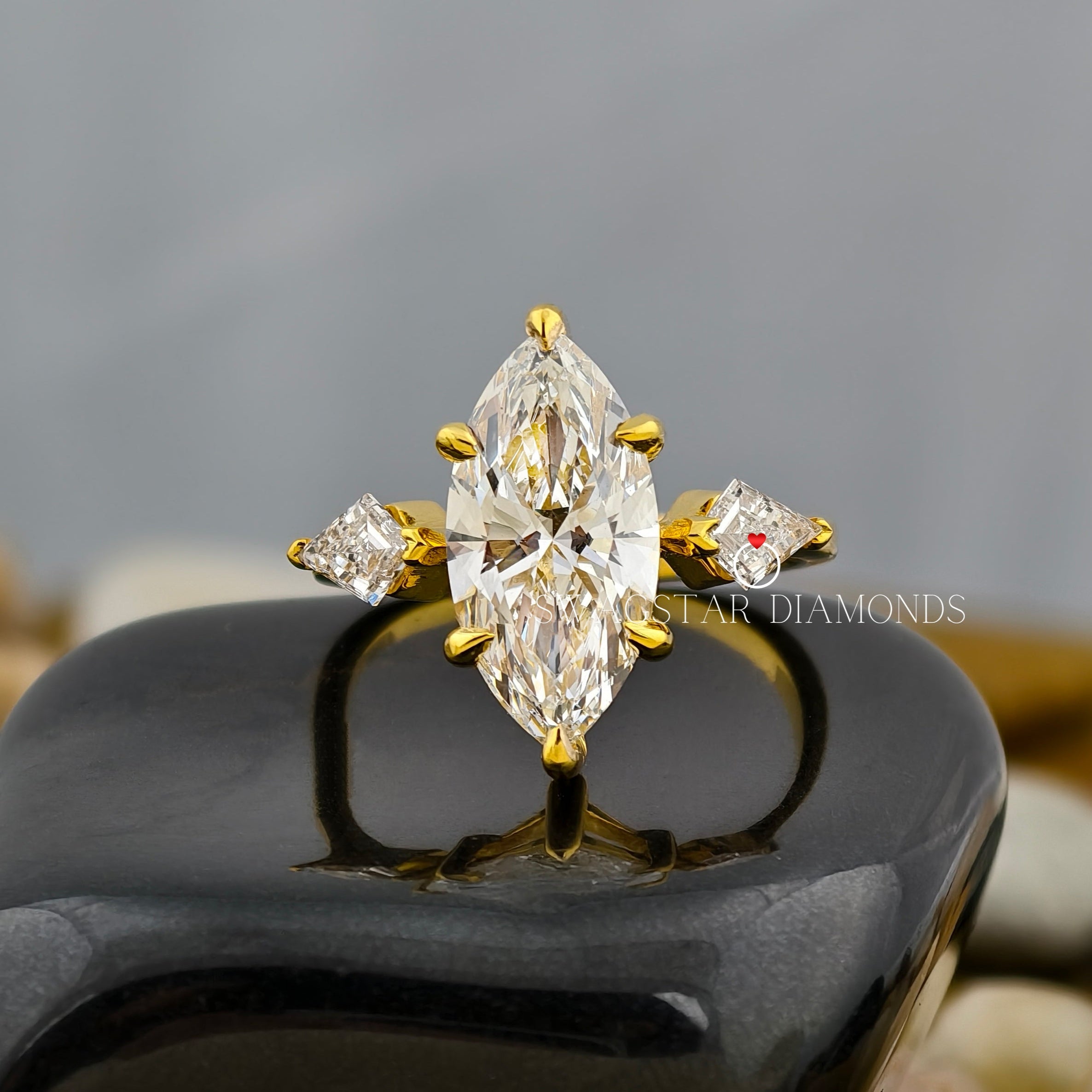 Marquise Lab Grown Diamond Engagement Ring, 2 Ct Diamond Ring, Three Stone Ring, Kite Shape Diamond Accent, 18K Gold Ring For Her