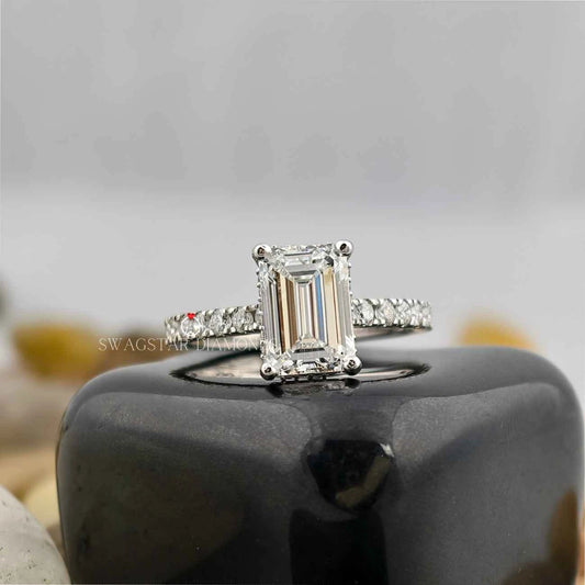 2 Carat Emerald Cut Lab Grown Diamond Solitaire Pave Engagement Ring In 14K White Gold