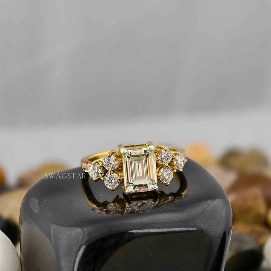 2 Carat Emerald Cut CVD Diamond Cluster Engagement Ring For Her In 14K Yellow Gold