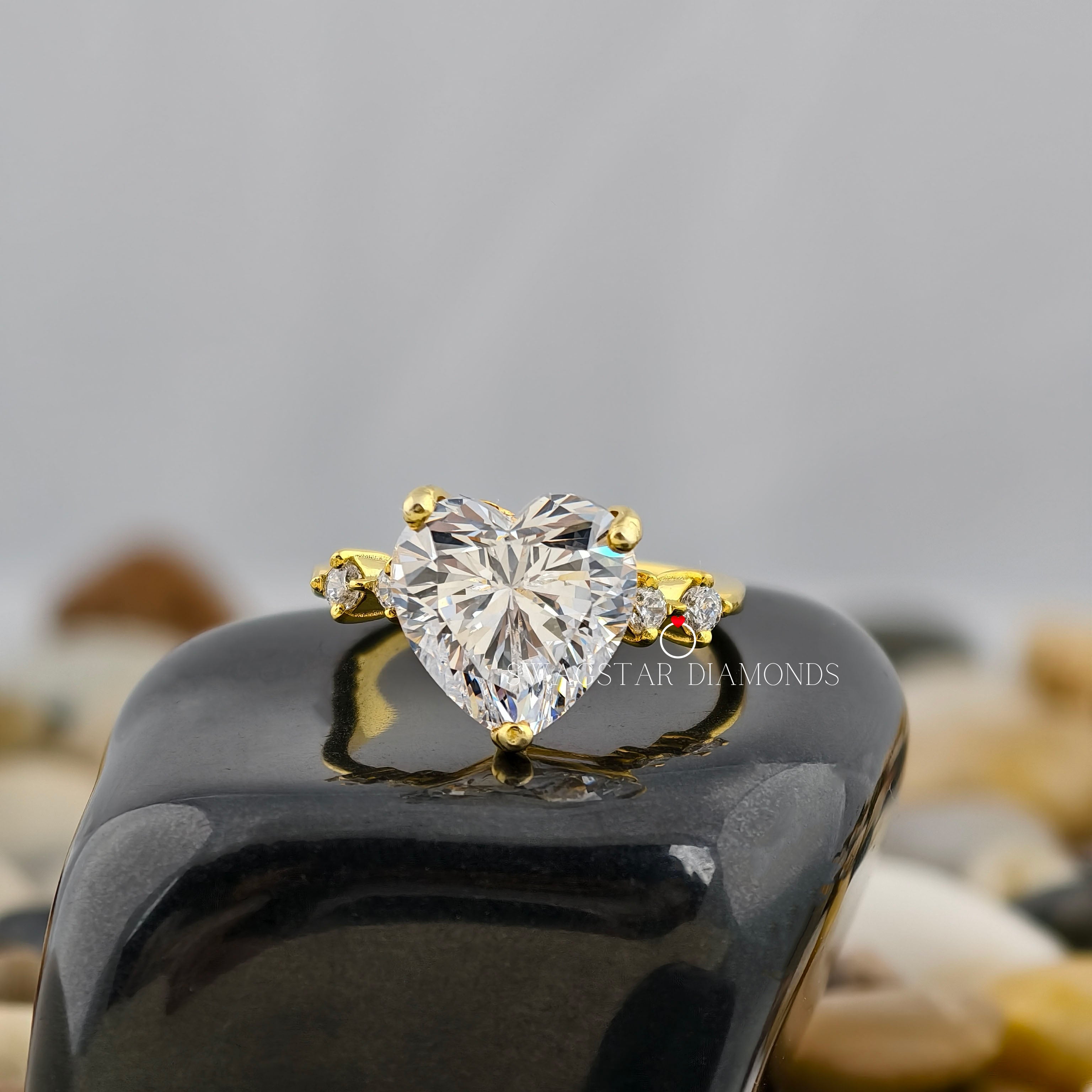 2.00 CT Heart Cut Engagement Ring Lab Grown Diamond, Solitaire Diamond Ring, Five Stone Solid 18K Gold Ring, Round Side Stone, Wedding Ring