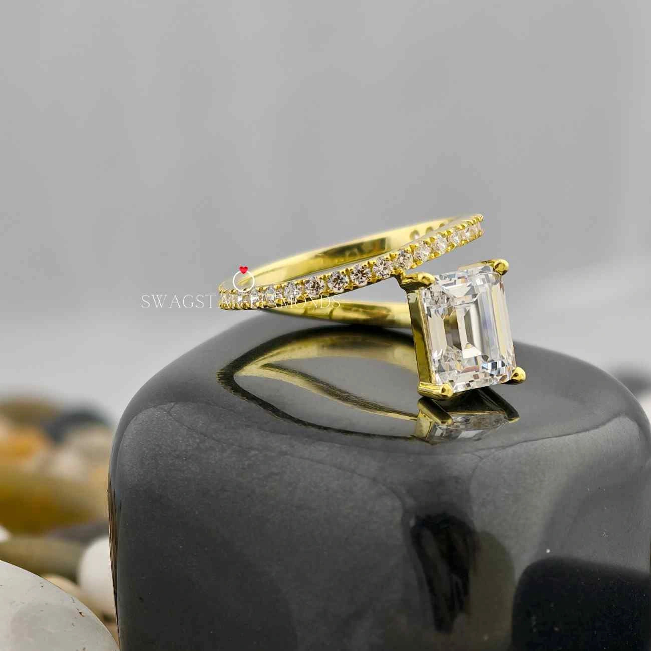 2 Carat Emerald Cut Lab Grown Diamond Double Shank Women Engagement Ring In 14K Yellow Gold