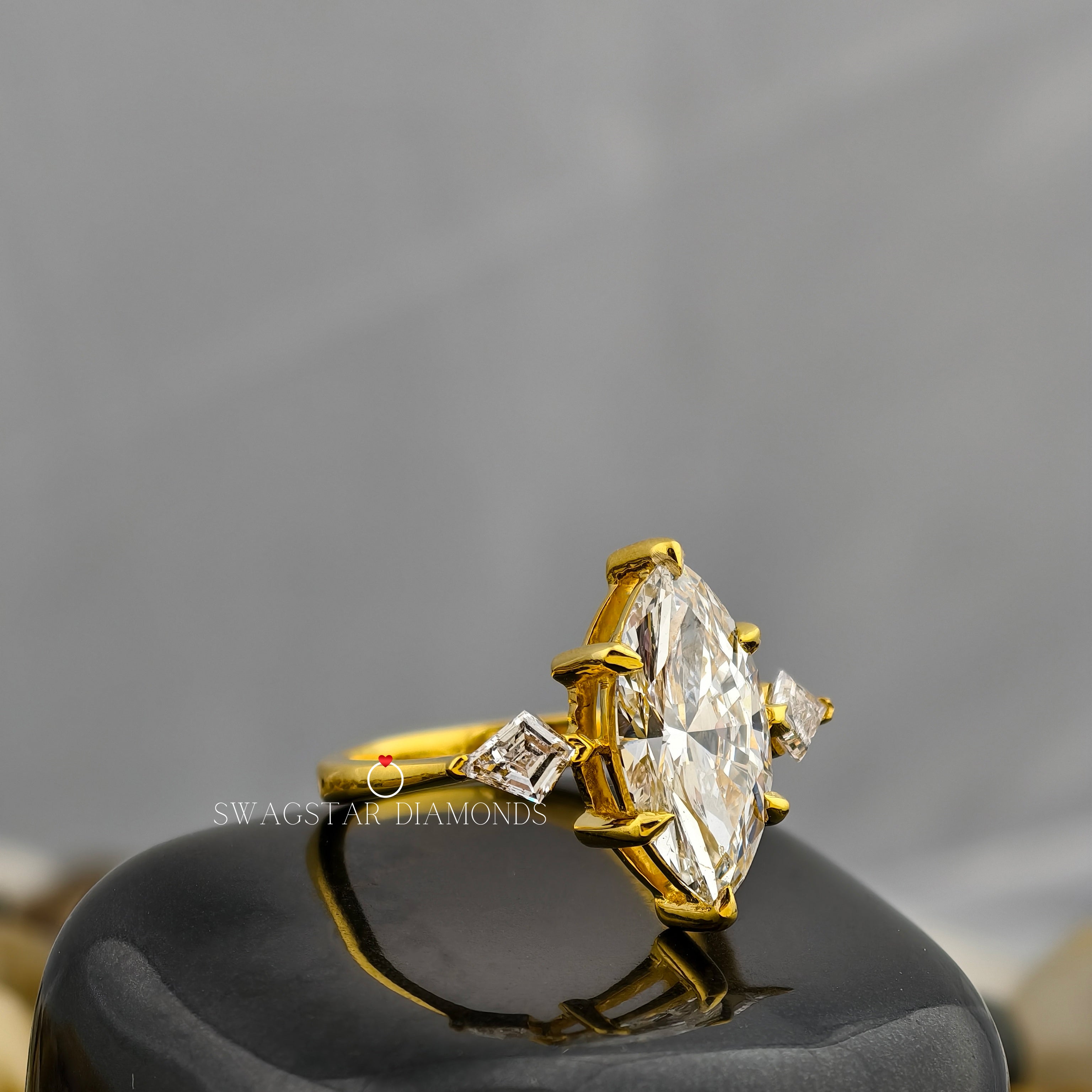 Marquise Lab Grown Diamond Engagement Ring, 2 Ct Diamond Ring, Three Stone Ring, Kite Shape Diamond Accent, 18K Gold Ring For Her