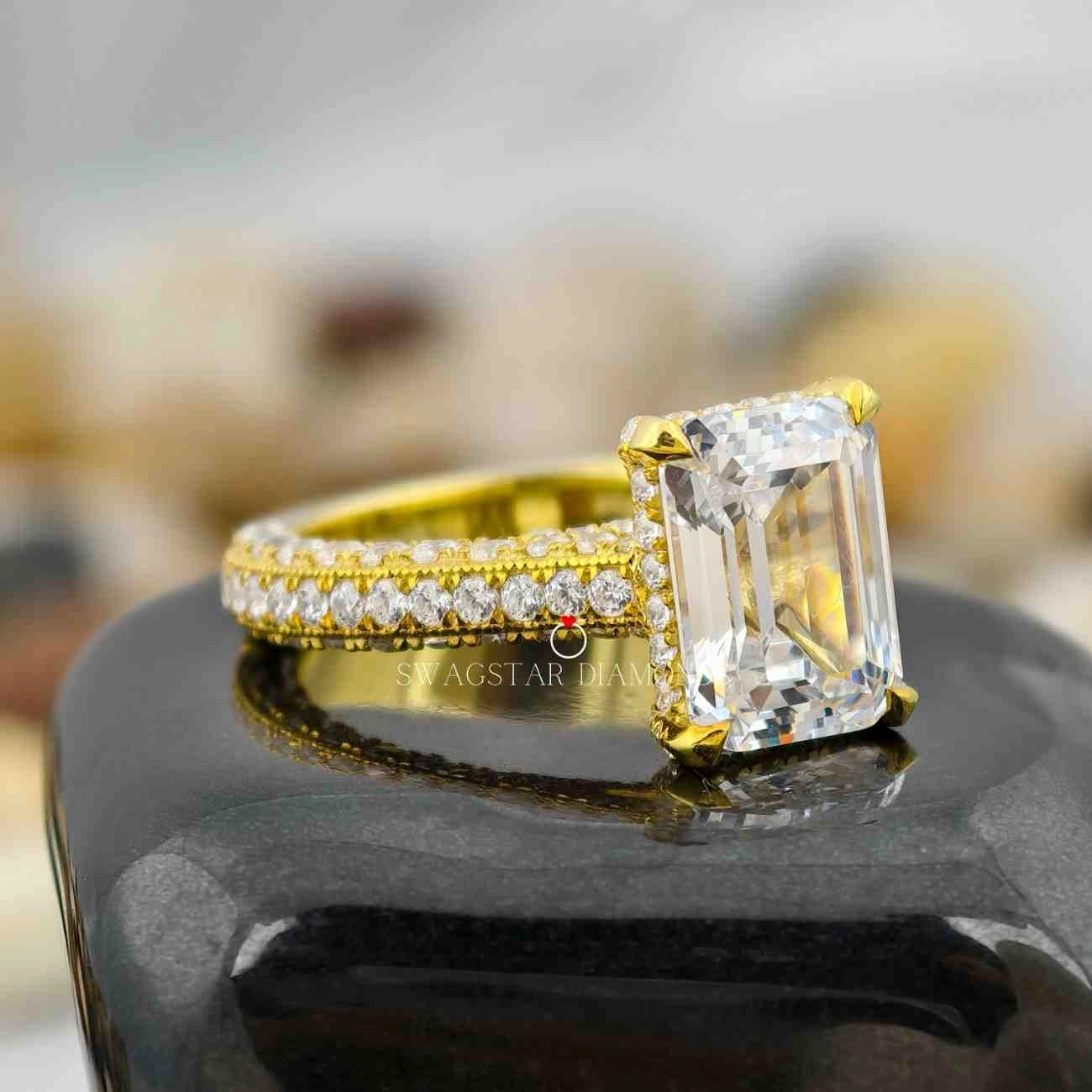 2 Carat Emerald Cut CVD Diamonds Three Side Stone Shank Women Engagement Ring In 14K White Gold