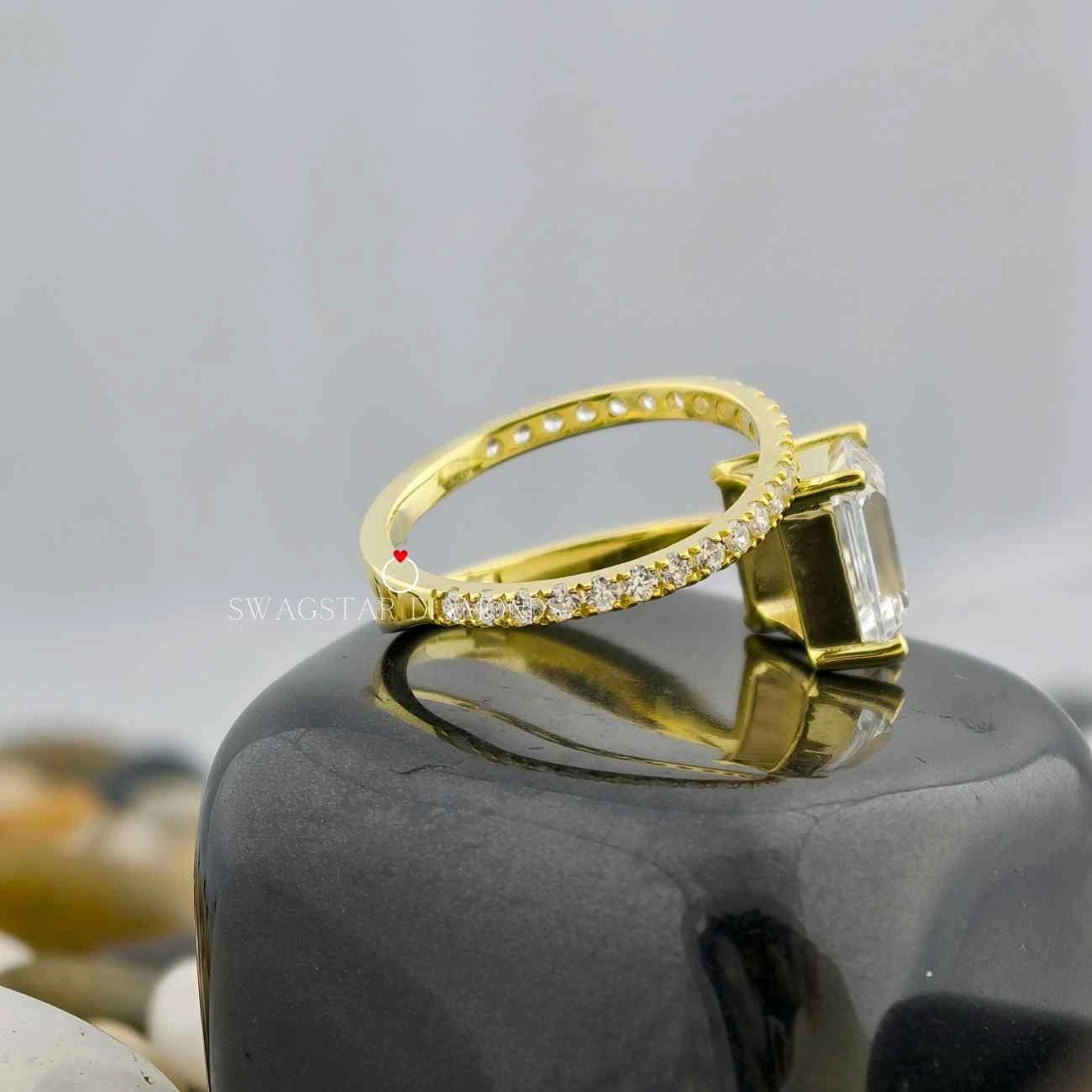 2 Carat Emerald Cut Lab Grown Diamond Double Shank Women Engagement Ring In 14K Yellow Gold