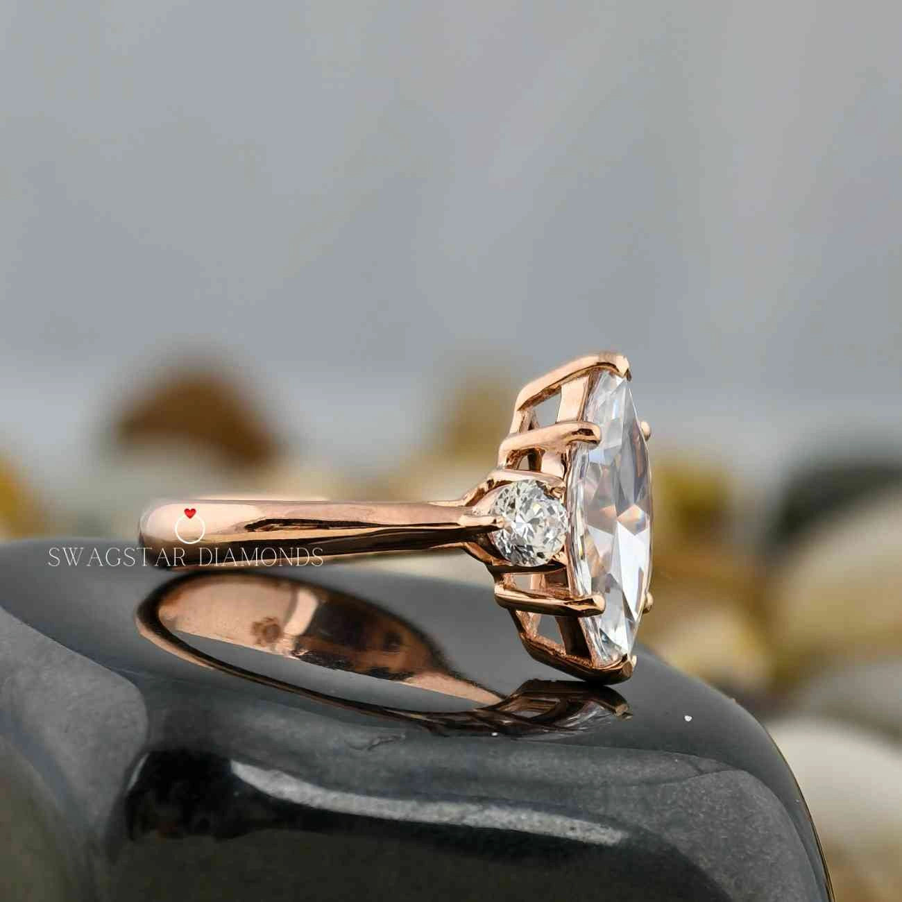 2 Carat Marquise Cut Lab Grown Diamond Side Round Cut Three Stone Women Engagement Ring