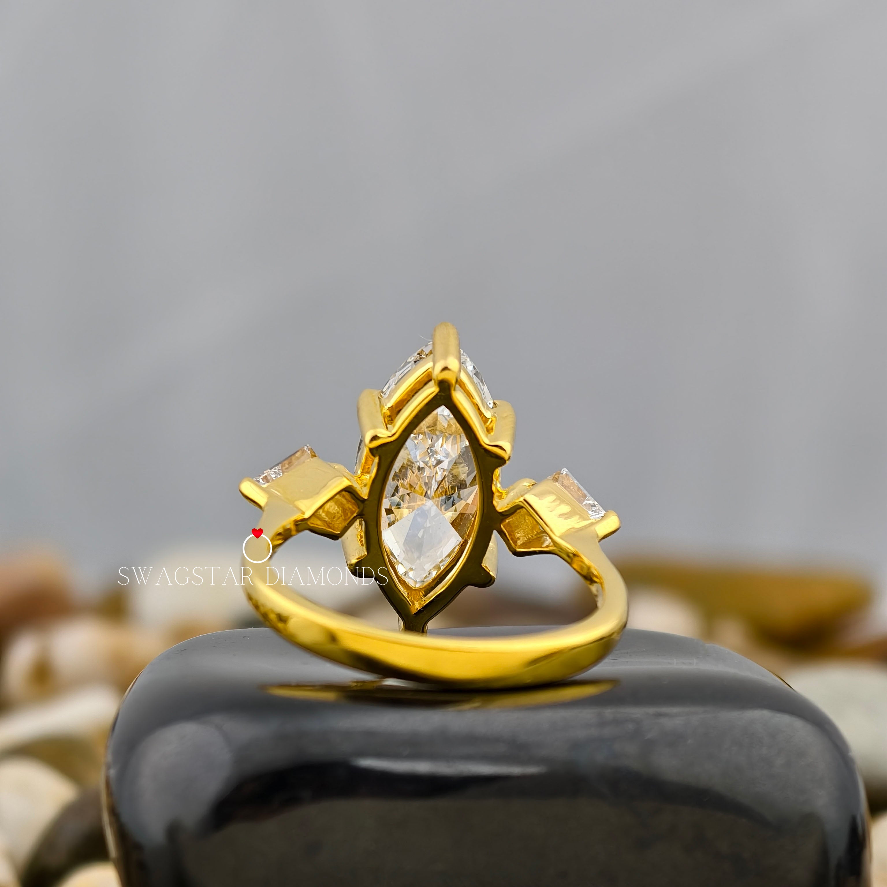 Marquise Lab Grown Diamond Engagement Ring, 2 Ct Diamond Ring, Three Stone Ring, Kite Shape Diamond Accent, 18K Gold Ring For Her