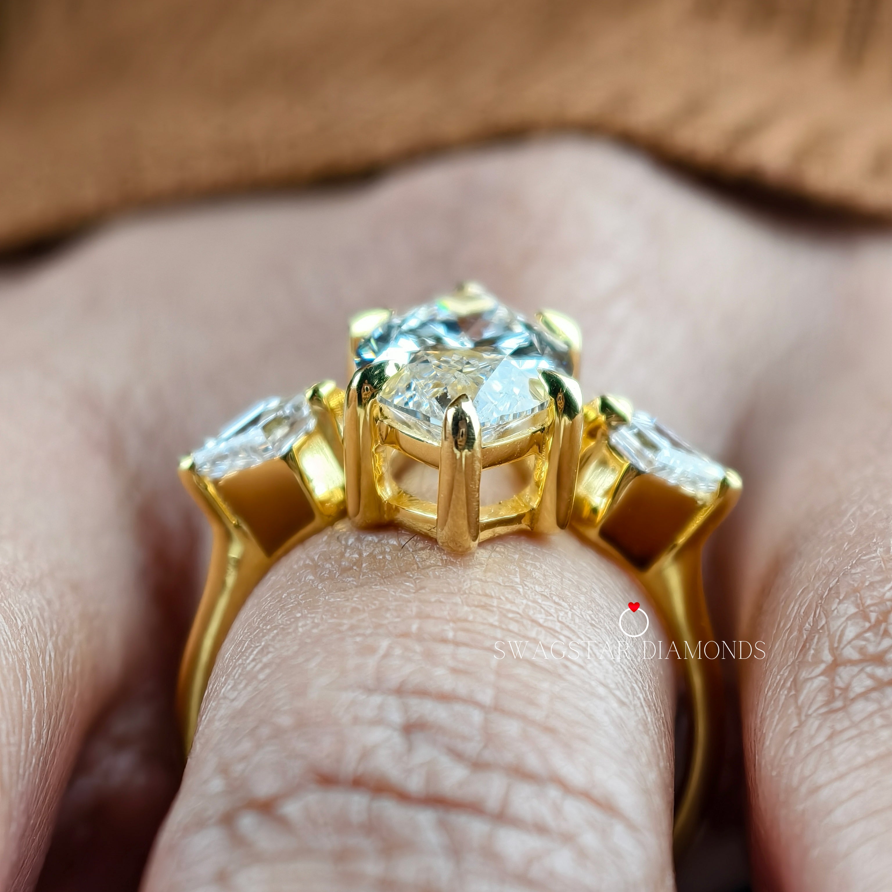 Marquise Lab Grown Diamond Engagement Ring, 2 Ct Diamond Ring, Three Stone Ring, Kite Shape Diamond Accent, 18K Gold Ring For Her