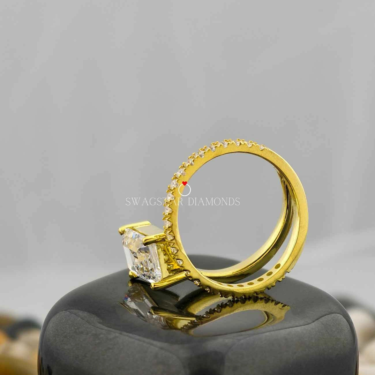 2 Carat Emerald Cut Lab Grown Diamond Double Shank Women Engagement Ring In 14K Yellow Gold