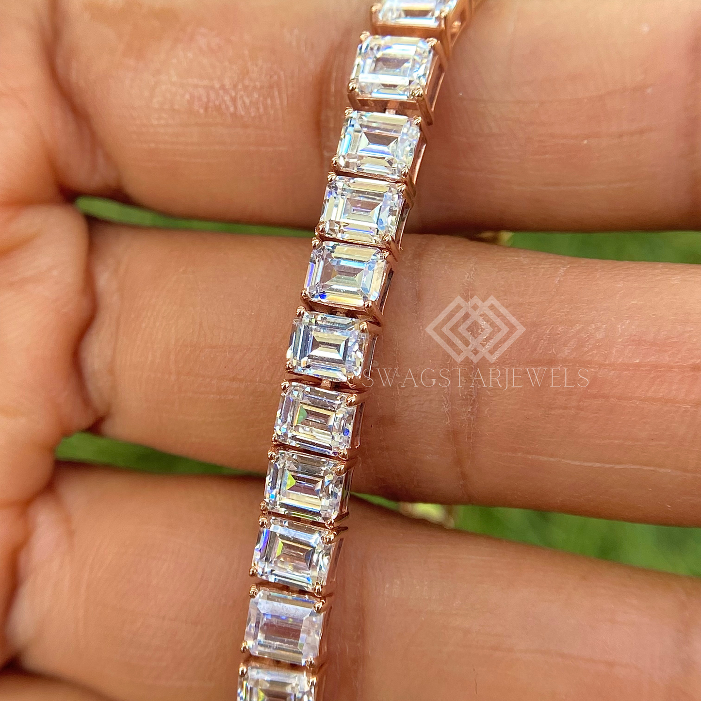 Emerald Shape Bracelet With Lab-Grown & Natural Diamonds, Jewelry By Leading Manufacturer From Swagstar, Surat. Explore Wedding, Engagement, Eternity Rings,  Earring & Studs, Bracelets In 10k, 14k, & 18k Gold Varieties, Including White, Yellow, Rose Gold.