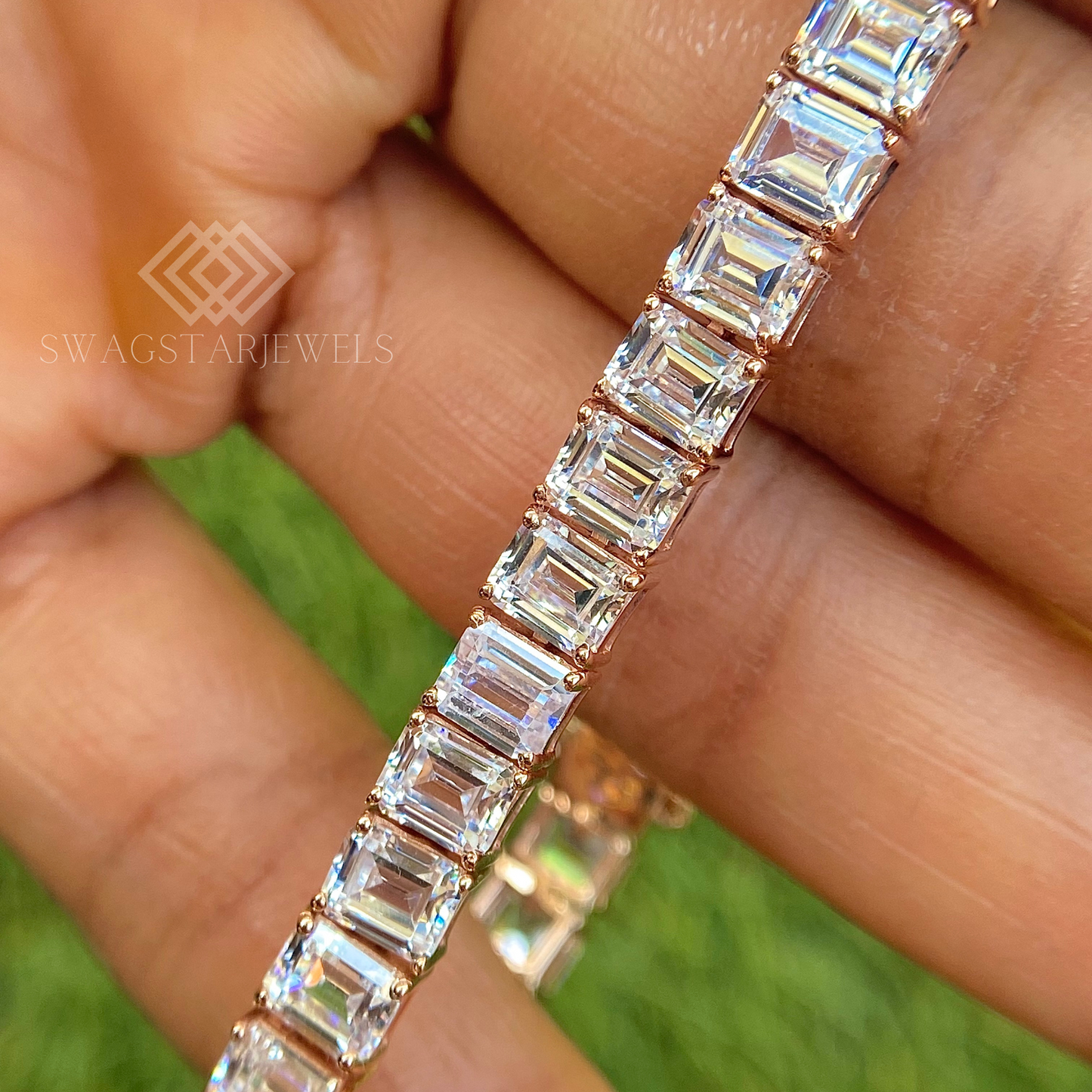 Emerald Shape Bracelet With Lab-Grown & Natural Diamonds, Jewelry By Leading Manufacturer From Swagstar, Surat. Explore Wedding, Engagement, Eternity Rings,  Earring & Studs, Bracelets In 10k, 14k, & 18k Gold Varieties, Including White, Yellow, Rose Gold.