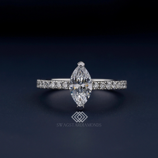 Marquise Shape Ring With Lab-Grown & Natural Diamonds, Jewelry By Leading Manufacturer From Swagstar, Surat. Explore Wedding, Engagement, Eternity Rings, Earring & Studs, Bracelets In 10k, 14k, & 18k Gold Varieties, Including White, Yellow, Rose Gold.